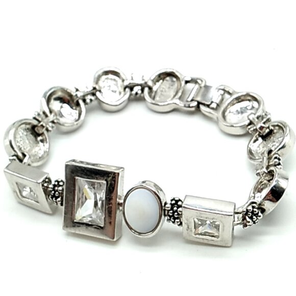 Lia Sophia Clear Cut Crystals Mother of Pearl Textured Links Rhodium Bracelet - Picture 7 of 14